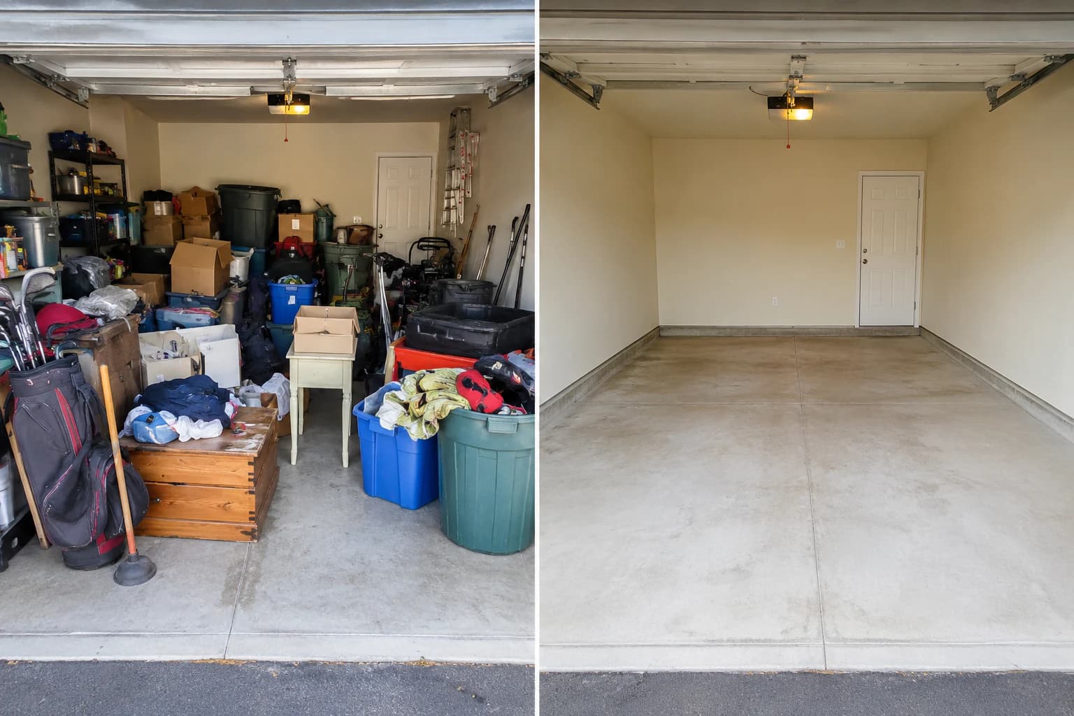 Side-by-side view of a cluttered garage before cleanup and the same garage cleared afterward