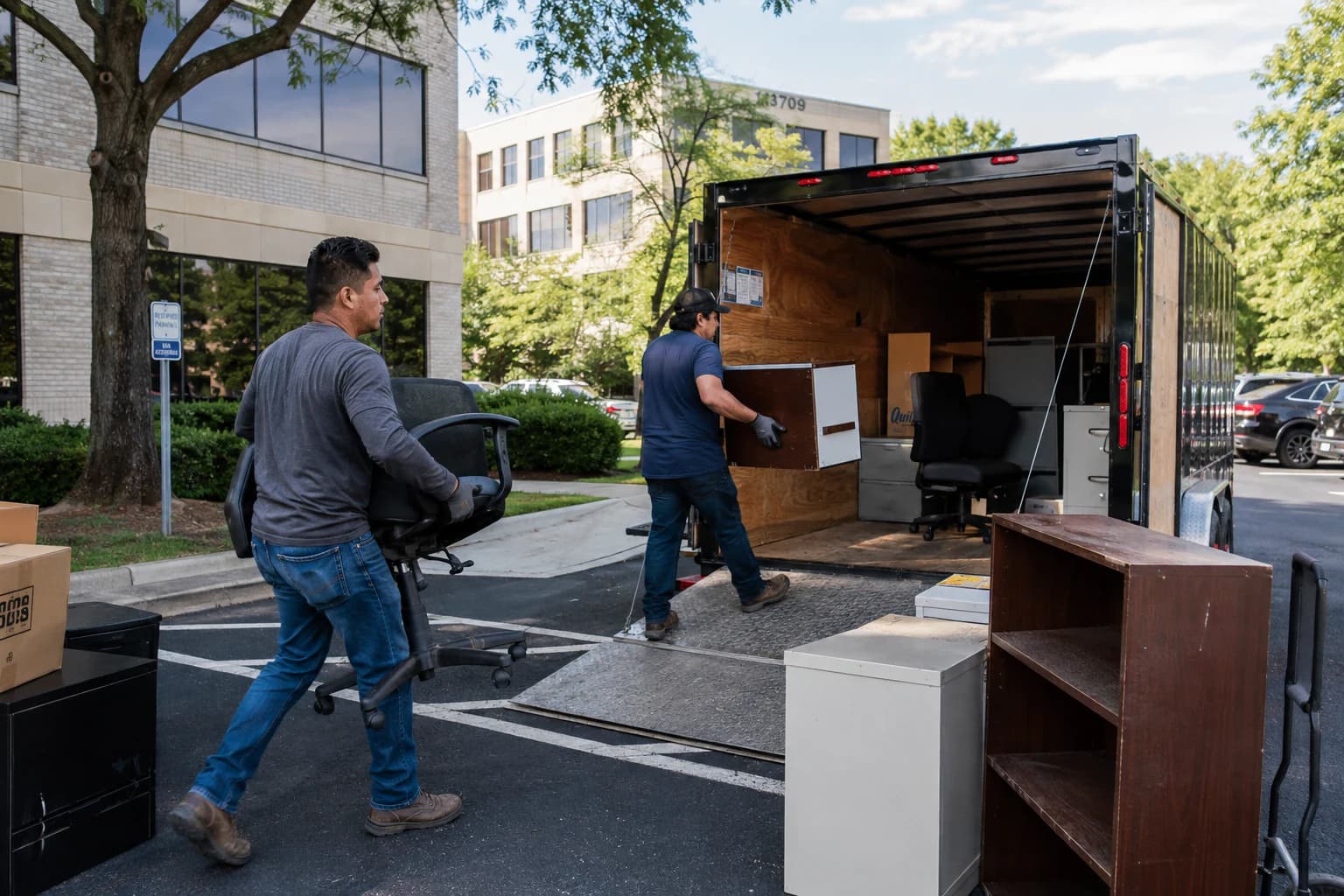 Workers removing office furniture and equipment from a commercial property