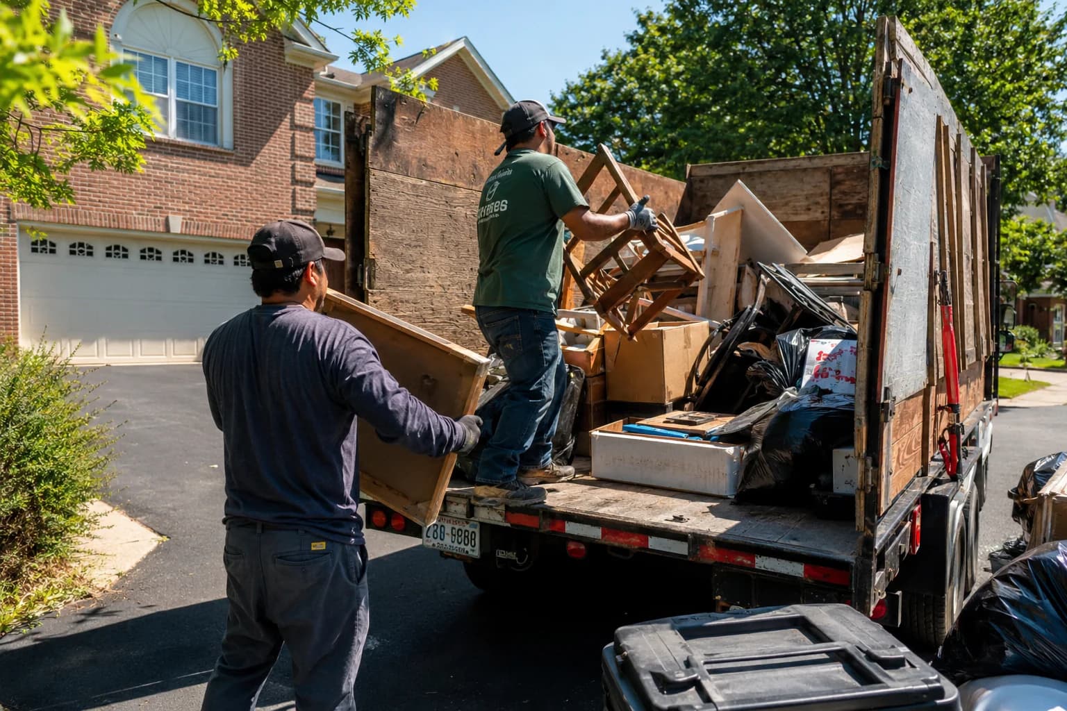 Workers loading mixed household junk into a hauling truck in a residential neighborhood