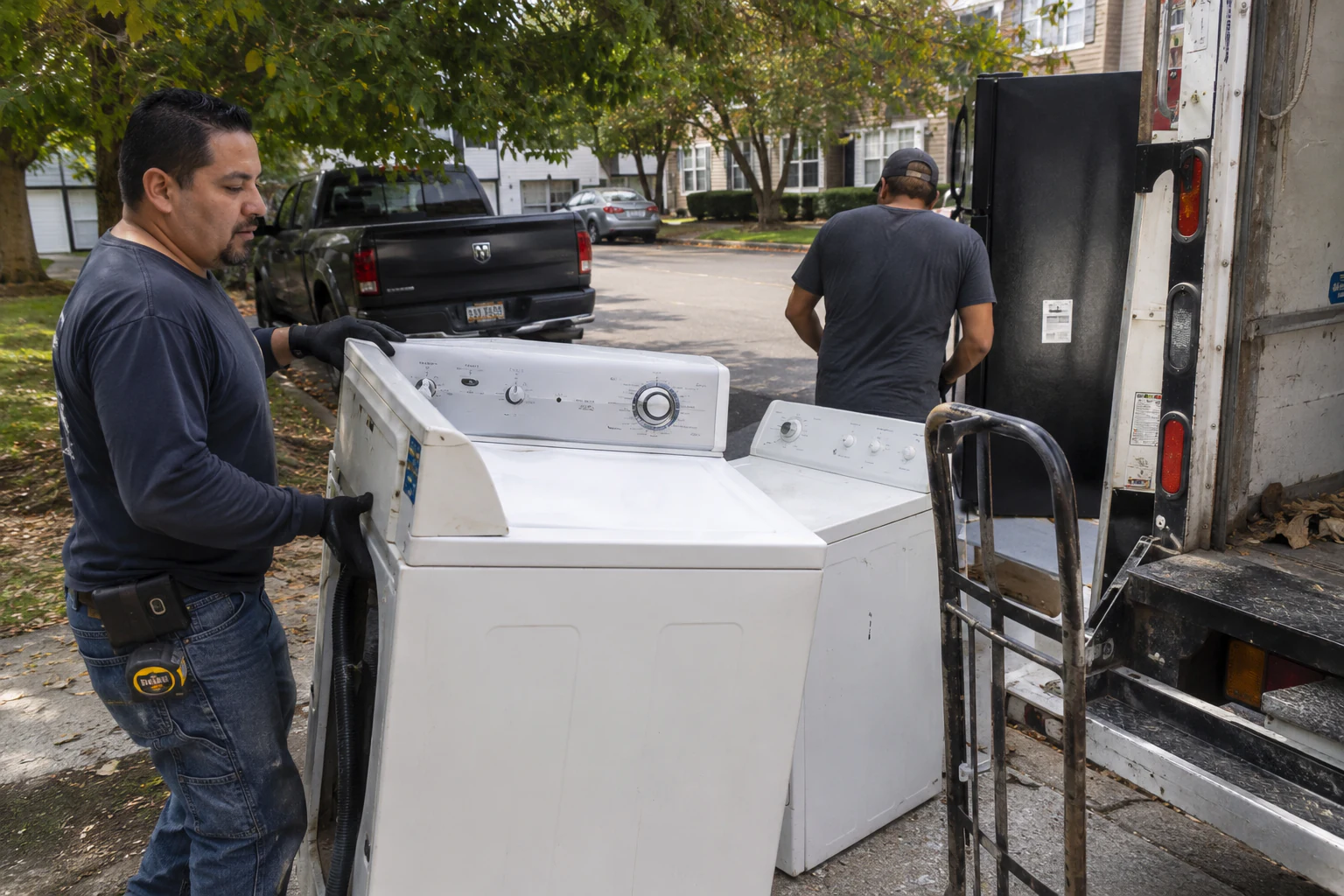 Workers removing large household appliances and loading them onto a truck