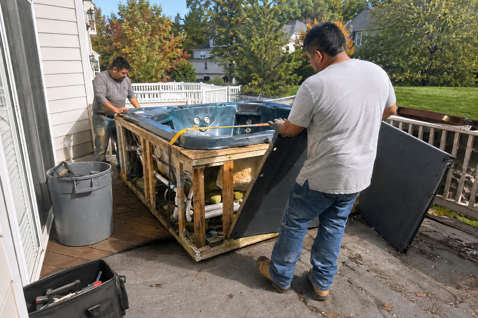 Workers dismantling a hot tub on the deck of a residential property