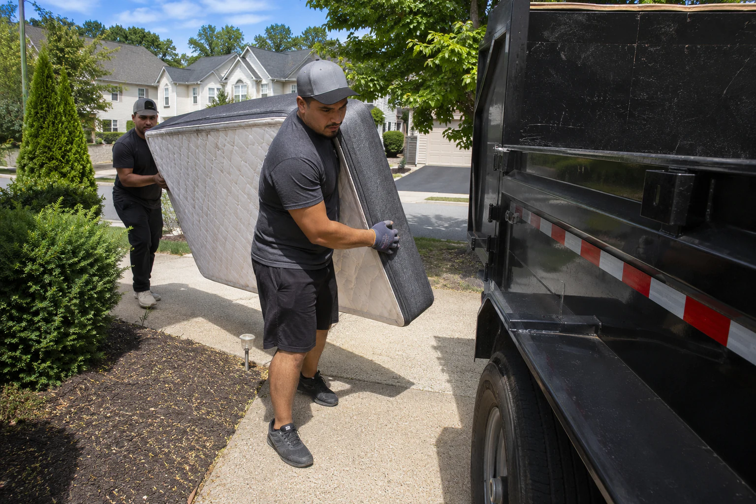 Two workers carrying a mattress toward a hauling truck in a residential neighborhood
