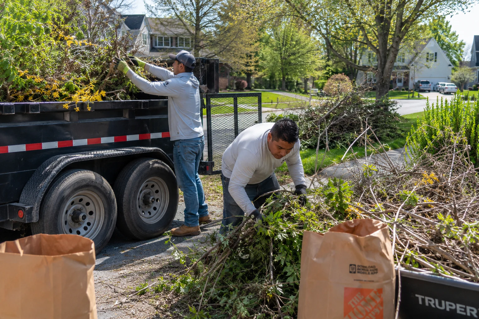 Workers loading branches and yard debris into a hauling trailer in a residential neighborhood